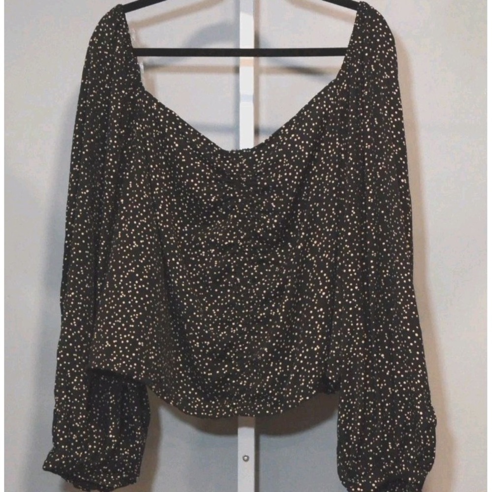 NWT A New Day Women's Size 1XL Peasant-Style Blouse Black/White Balloon Sleeves